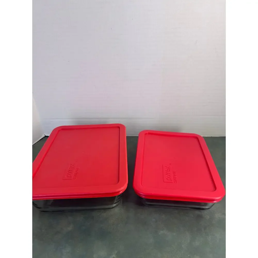 Pyrex 3 Cup & 6 Cup Glass Storage Containers w/ Red Lids USA 7210-PC Set of 2